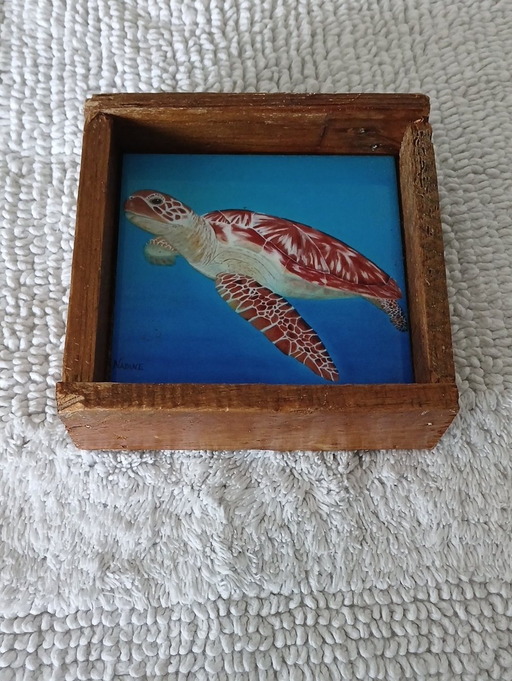 Handcrafted Sea Turtle Wall Art in Blue and Brown. Lobster Trap Art.